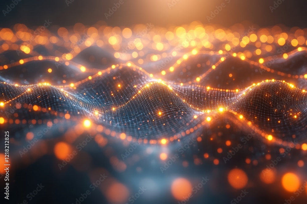 Poster a mesmerizing abstract digital landscape with glowing waves of light, creating a sense of depth and 