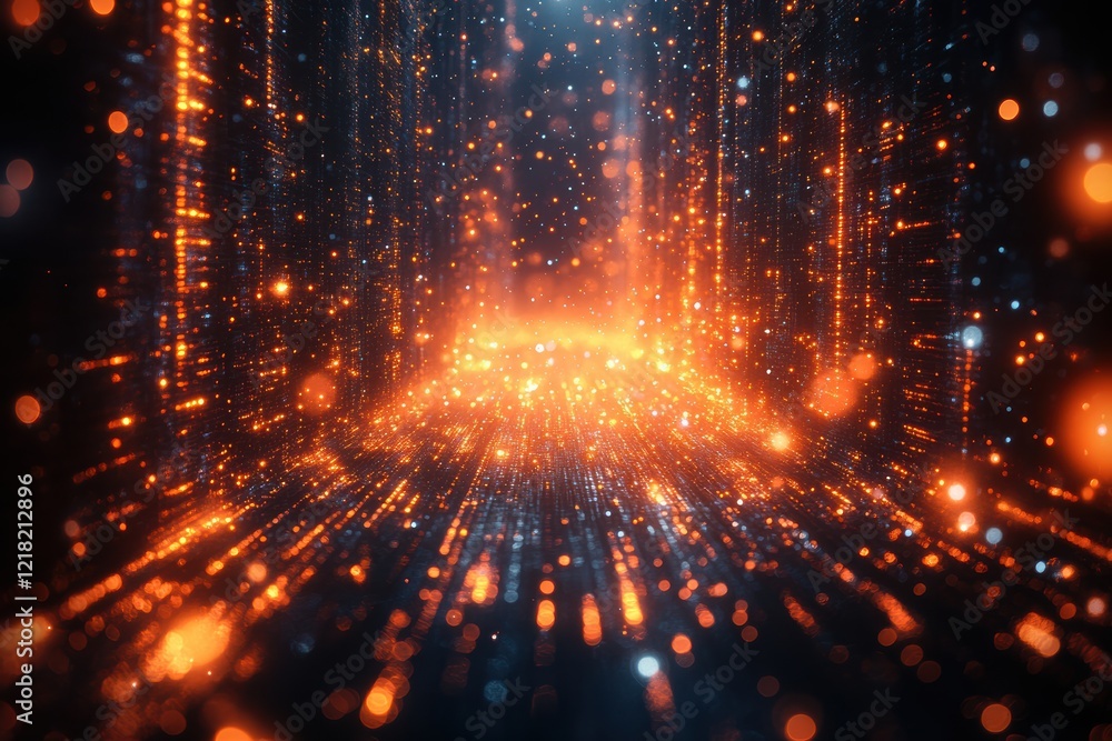 Poster a mesmerizing abstract display of bright particles and digital streams, creating a vivid illusion of