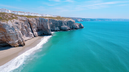 serene coastline with hollow cliffs and gentle waves crashing against shore