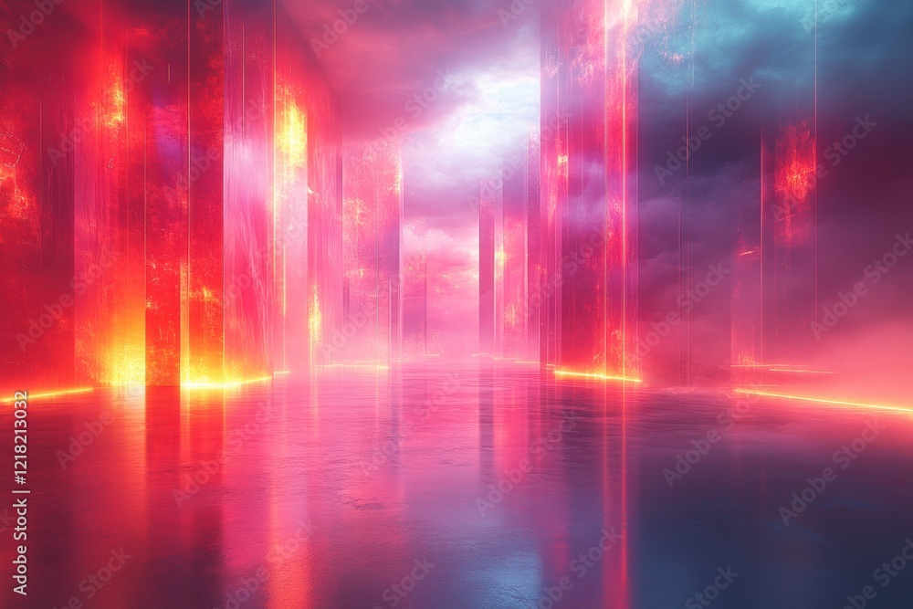 Poster a mesmerizing abstract space featuring vibrant colors and reflective surfaces, evoking a sense of wo