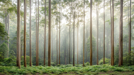 Fototapeta premium serene forest with tall trees and mist creating tranquil atmosphere