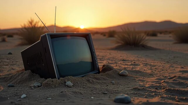 Old CRT Television Partially Buried in Desert Sand at Sunset Against Expansive Landscape of Rocks and Bushes