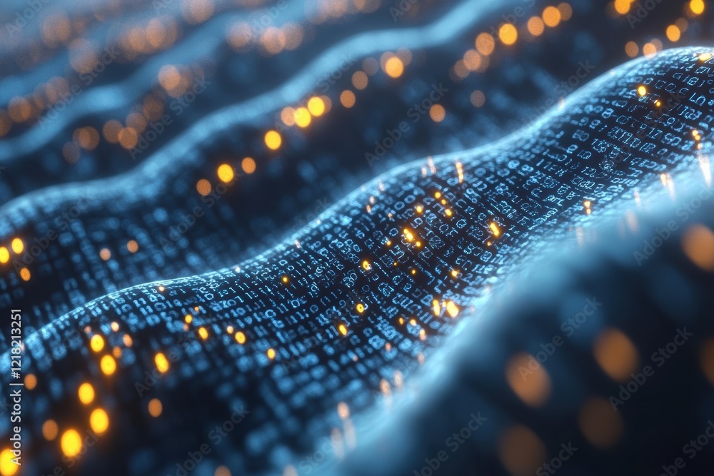 Poster A mesmerizing close-up of digital waves composed of vibrant lights and binary patterns, representing the flow of data in a modern digital landscape.