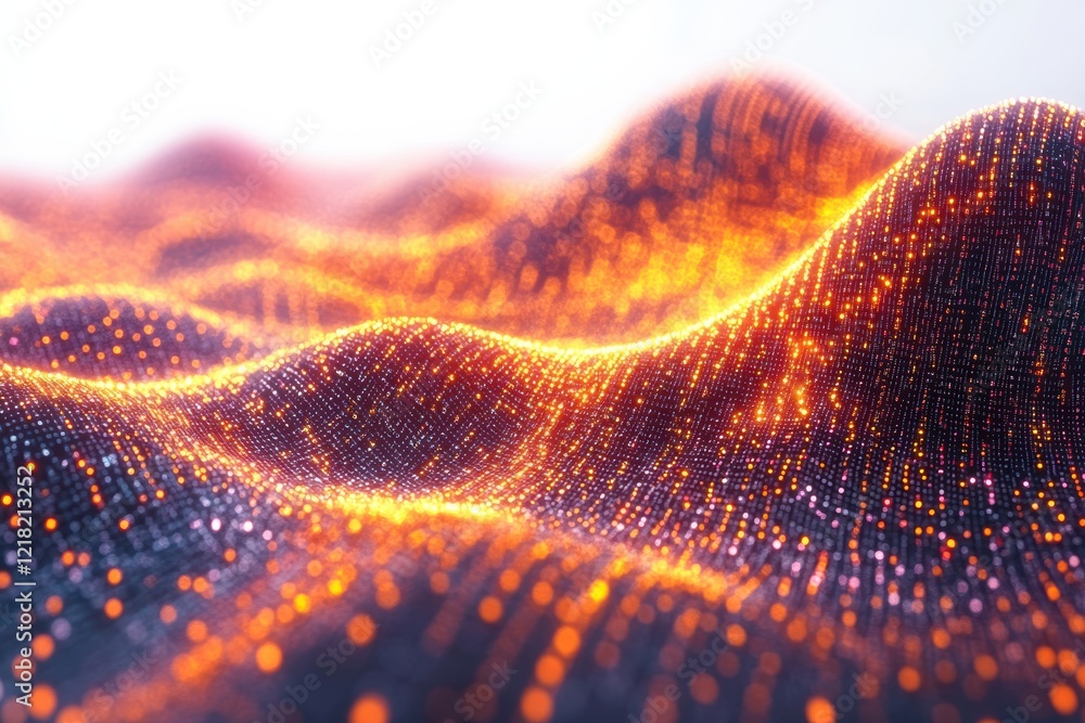 Leinwandbilder A mesmerizing close-up of abstract digital waves, illuminated by fiery orange lights against a deep background, symbolizing innovation and creativity.