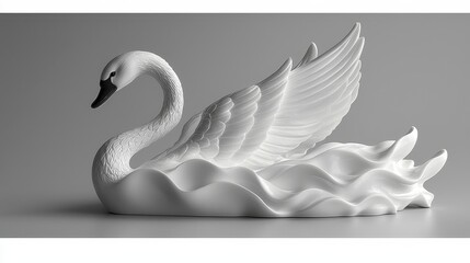 Elegant white swan sculpture, water waves, gray background, home decor