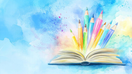 Colored pencils and book in pot on colorful table background, A dynamic illustration of a desk with open book and pencil,  abstract colorful background for decoration.