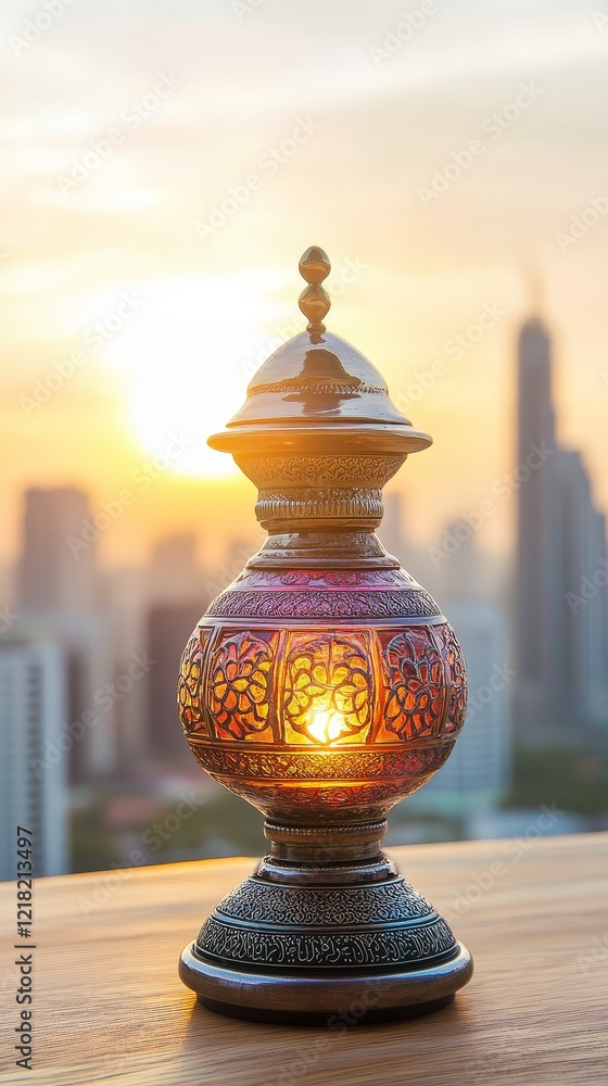 Poster elegant lantern with intricate patterns illuminating at sunset against a skyline backdrop, creating 