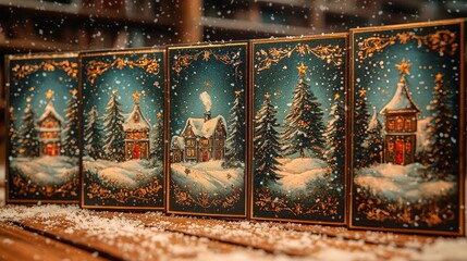 Winter holiday card display cozy home festive art snowy landscape indoor scene christmas cheer