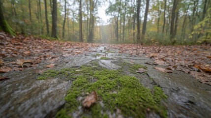 Moss-Covered Path in Enchanted Forest Nature Scene Wet Environment Low Angle View Serenity and Tranquility