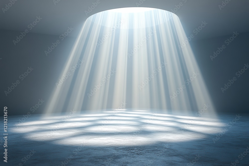 Poster a mesmerizing light beam cascade illuminates a serene, empty space, creating an ethereal atmosphere 