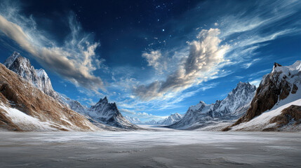 breathtaking landscape of desolate valley surrounded by majestic mountains under starry sky