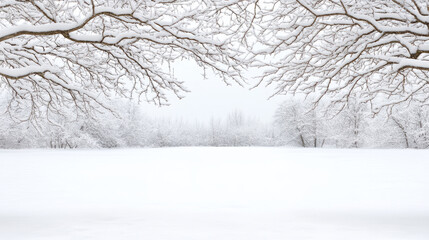 serene winter landscape with snow covered branches and white field