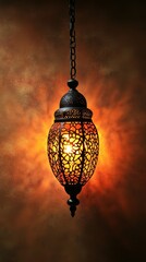 Obraz premium Elegant Metal Lantern with Intricate Cut-Out Design Casting Warm Light Against a Rustic Wall Background in a Cozy Setting
