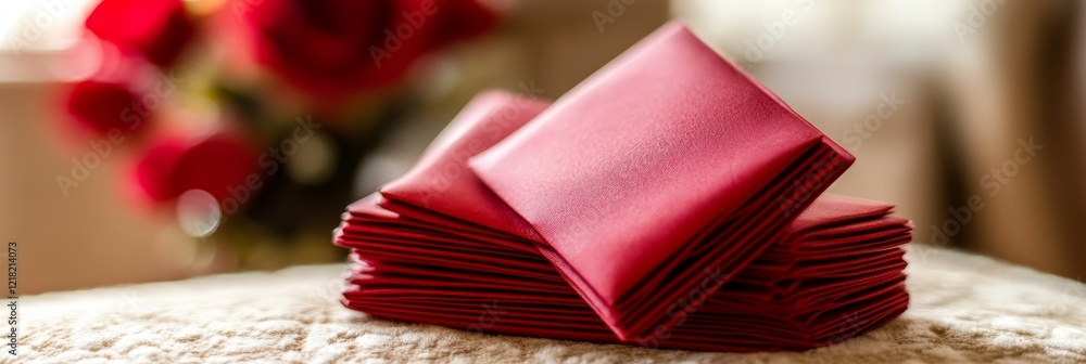 Poster elegant red napkins stacked neatly on a soft surface with a blurred background of red roses for tabl