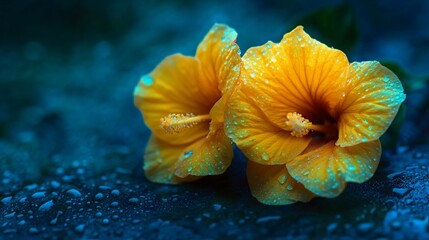 Stunning Dew-Kissed Hibiscus: A Symphony of Yellow and Teal