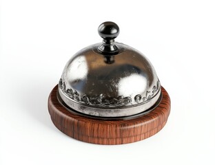 Silver service bell on wooden base, isolated.
