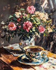 Vintage flowers in vase next to tea art painting, wall art, design, realistic, textured painting