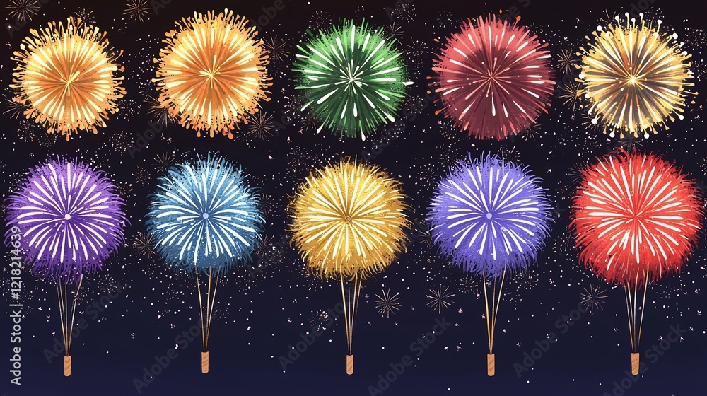 Poster a dazzling array of colorful fireworks exploding in the dark night sky creating a festive and vibran