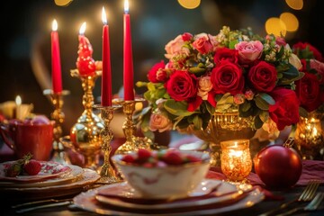 Elegant Valentine’s Day Dinner Table Setting with Red Roses, Candles, and Romantic Ambiance for Special Occasions and Celebrations