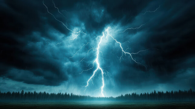 dramatic lightning storm illuminates dark forest landscape