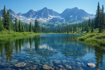 A serene alpine landscape featuring a crystal-clear lake reflecting majestic mountains surrounded by lush green trees under a bright blue sky.