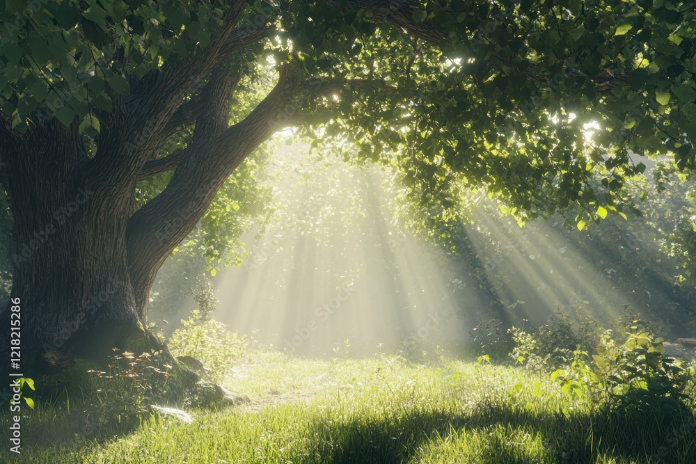 Poster A serene forest scene with soft sunlight filtering through leaves, casting gentle rays on a lush green meadow, inviting peace and tranquility in nature.