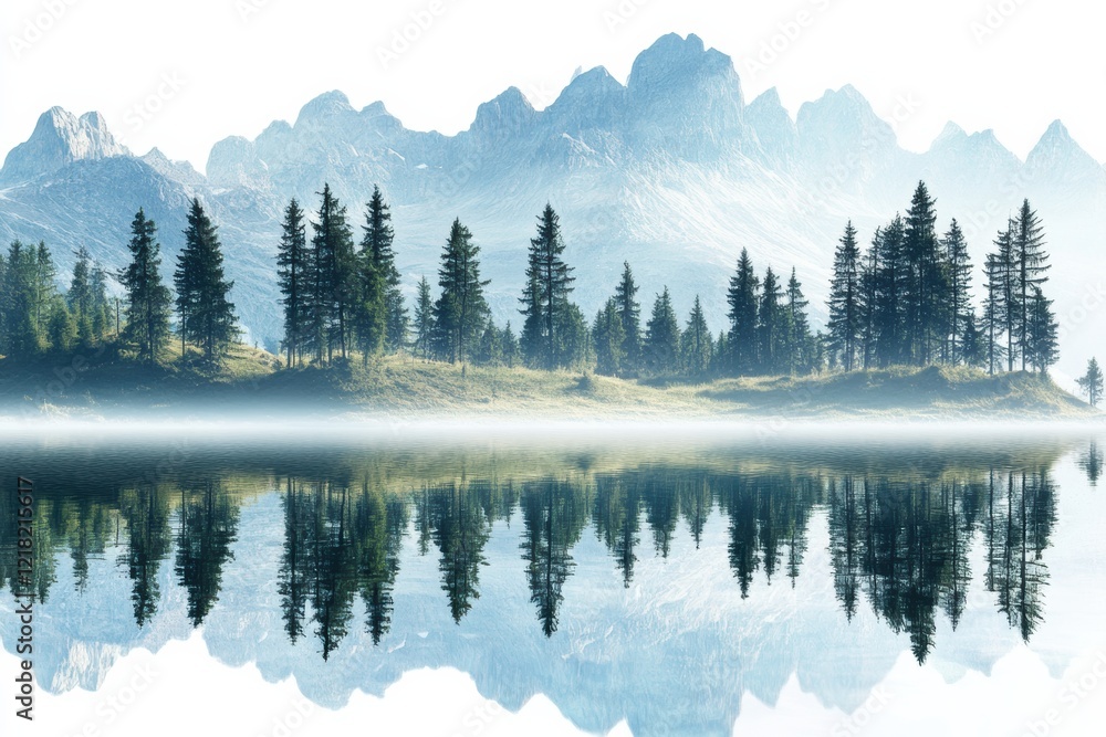 Poster a serene landscape featuring towering mountains and lush evergreen trees reflected in calm water und