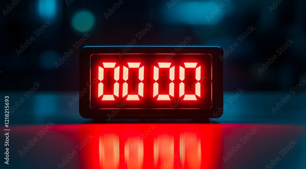 Poster 00:00 midnight time on digital alarm clock watch red display screen. modern led wake up reminder obj