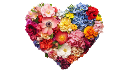 Heart made of mixed flowers on transparent background