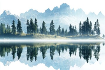 A serene landscape featuring towering mountains and lush evergreen trees reflected in calm water under a misty atmosphere.