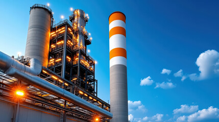 factory exterior at night, illuminated by bright lights and smoke stacks