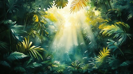 Lush Tropical Rainforest Sunlight Beams Through Canopy