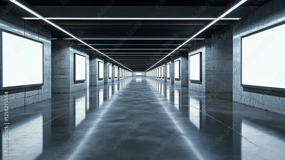 Aufkleber modern gallery hall with illuminated displays and glossy concrete floor creating a futuristic atmosp