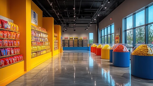 Bright modern candy store interior with colorful bulk bins and shelves of snacks.
