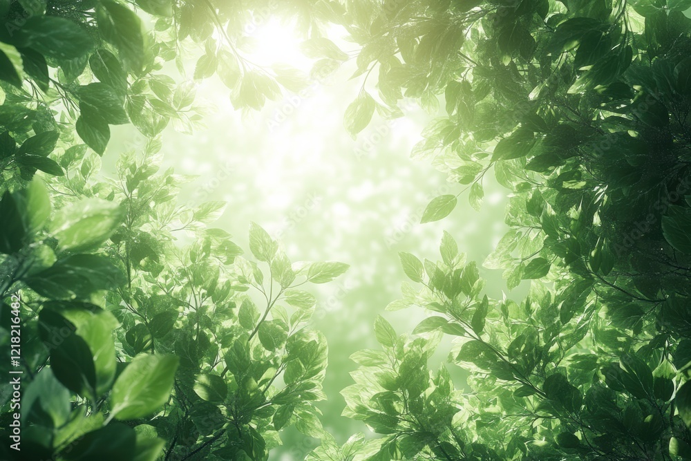 Poster a serene view looking up through lush green leaves, illuminated by gentle sunlight. this image captu