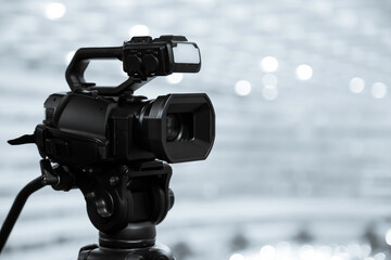 Naklejka premium Video cameras for make movie or journalist interview broadcasting reporter news or press conference speaker or public speaking or report record and content creator live media.