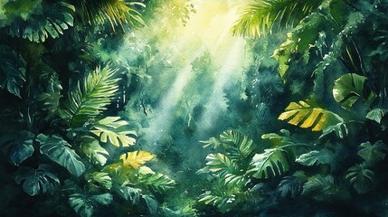 Obraz premium Lush Tropical Rainforest Watercolor Painting With Sunlight