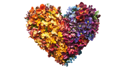 Heart made of mixed flowers on transparent background
