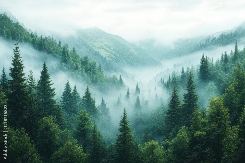 Poster a serene view of foggy mountains surrounded by lush green forests, capturing the tranquility and bea