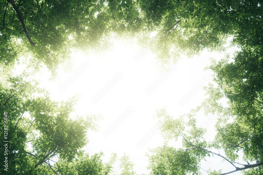 Poster a serene view of sunlight filtering through lush green leaves, creating a natural canopy. this image