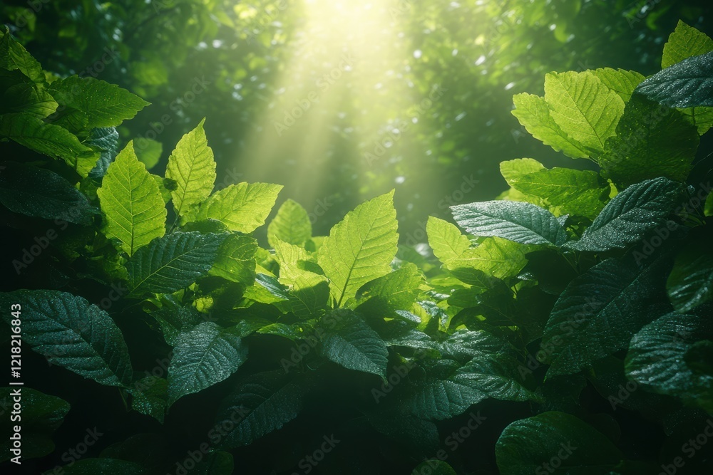Aufkleber A serene view of lush green leaves illuminated by soft sunlight filtering through the canopy, creating an enchanting and tranquil ambiance.