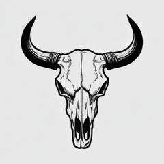 Bull skull illustration with tribal design and stars on white background, facing left with large curved horns.