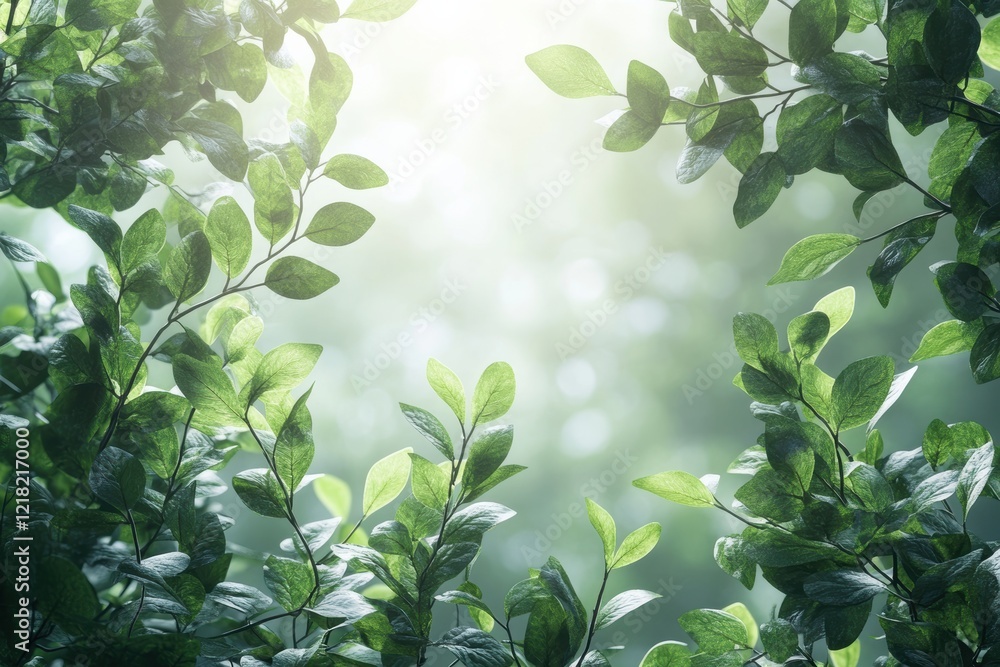 Poster A serene view through lush green leaves, capturing the tranquility of nature. Soft light filters through, creating a peaceful and refreshing atmosphere.