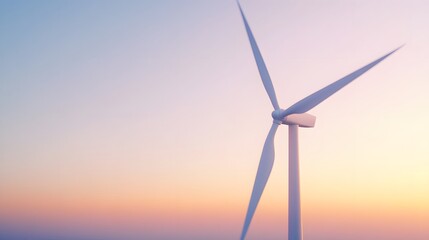 Fototapeta premium Aerial view of white wind turbines with blades against the sky and landscape at sunset, Generative AI 