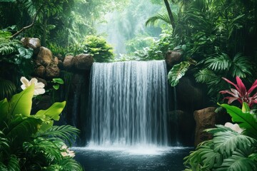 A serene waterfall cascades into a tranquil pool, surrounded by lush green foliage and vibrant flowers, creating a peaceful atmosphere in nature.