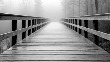 Fototapeta premium fog covered bridge leads into dark forest, creating mysterious atmosphere