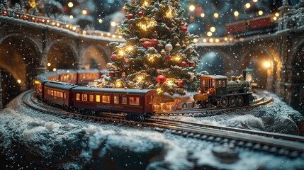 Obraz premium Festive train journey around christmas tree holiday setting miniature scene cozy atmosphere close-up view