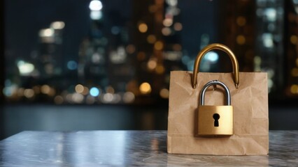 Mysterious brown paper bag with golden padlock on marble surface, cityscape background with keyhole detail  dark vibes.