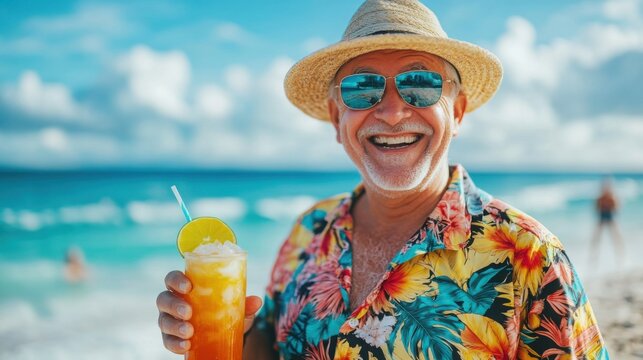 Smiling senior man in a tropical shirt and hat enjoying a cocktail on a sunny beach. Copy space