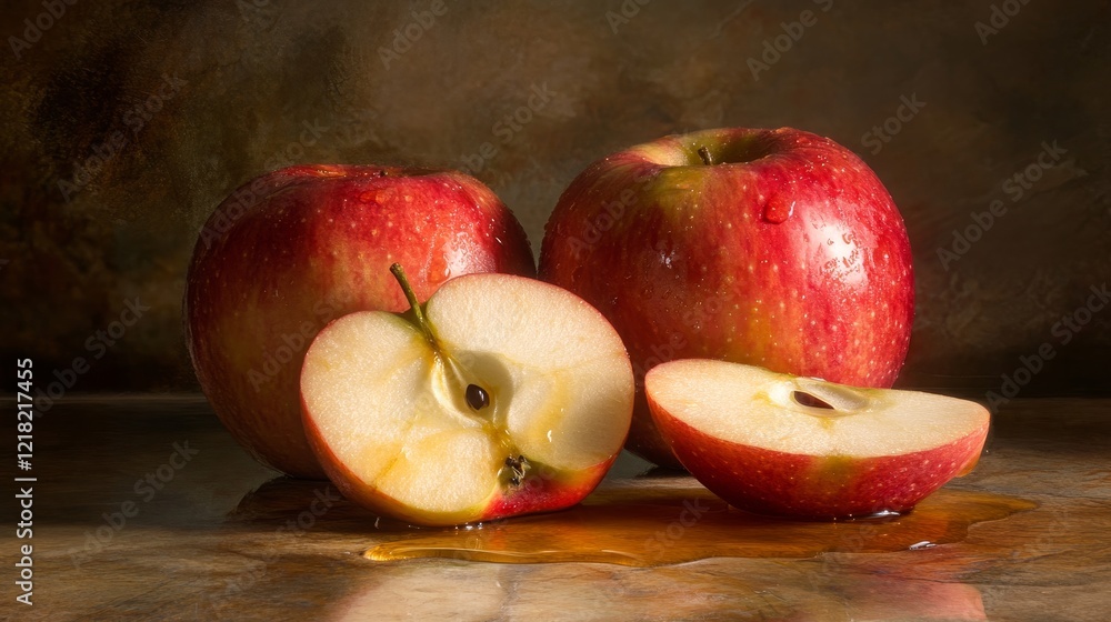 Poster fresh red apples sliced and whole on a rustic surface with liquid dripping and atmospheric backgroun
